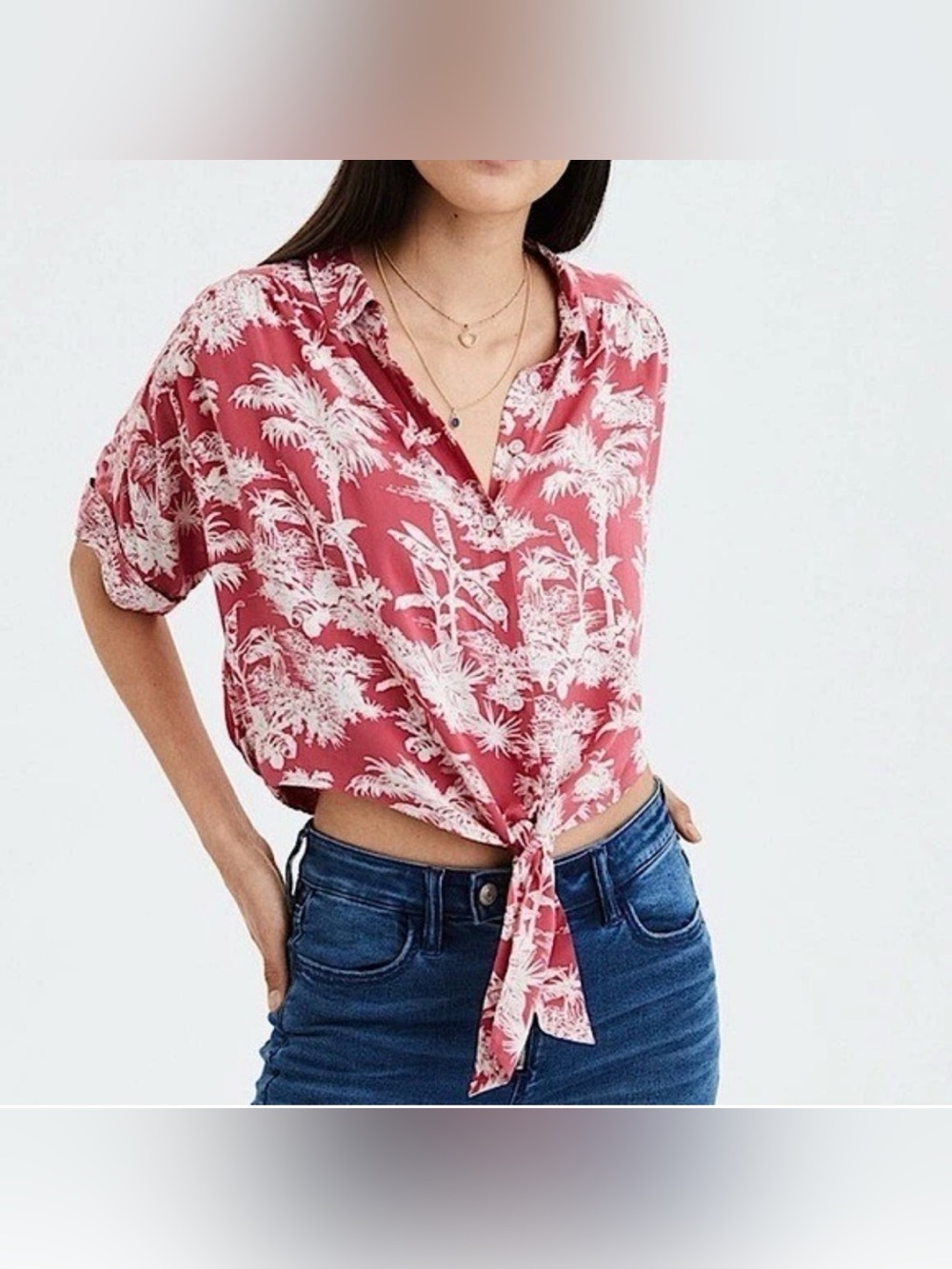 American Eagle Outfitters Pink Tropical Tie-Front Button-Up Shirt Size L